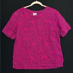 Color Me Cotton Click Fuchsia Pink Embroidered Short Sleeve Top Linen Thicker